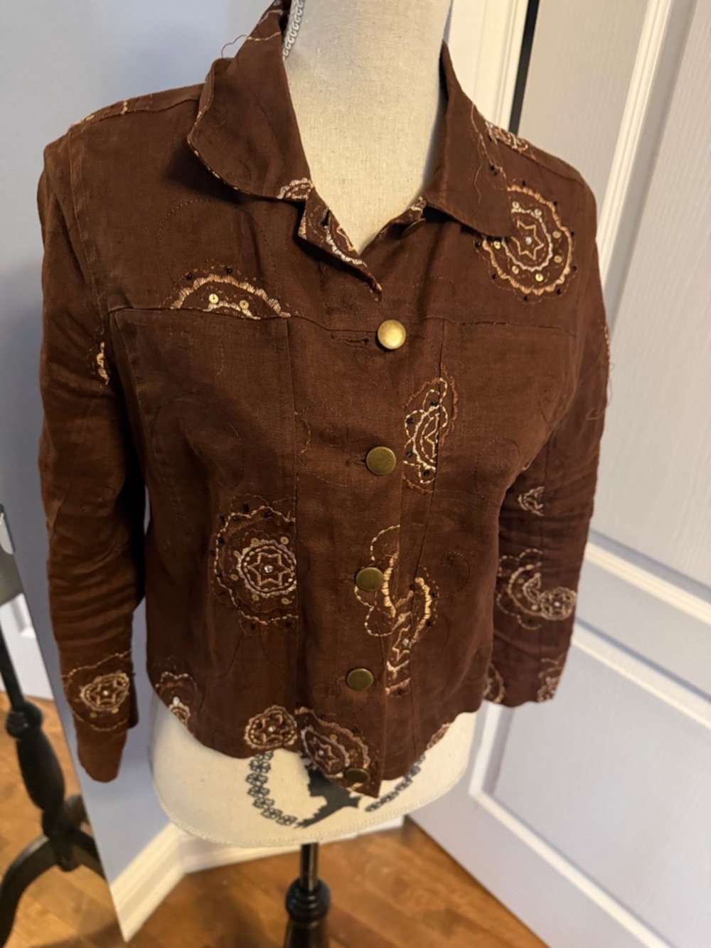 Brown Linen Embroidered Button-Front Women's Jacket